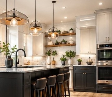 Kitchen with white and charcoal cabinets and stone countertops
