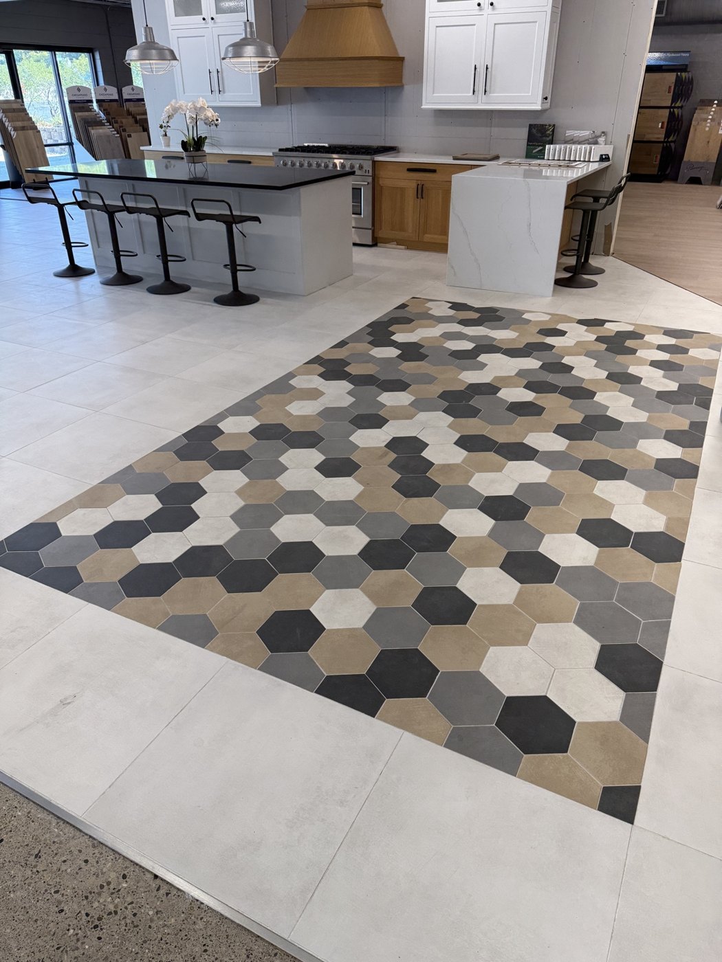 Tile and cabinetry displays inside the Indianapolis showroom